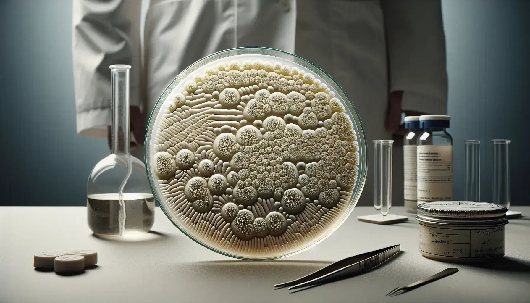 Petri dish with bacterial colonies on lab bench alongside tweezers, pipette, and vial, with a blurred figure in a lab coat in the background.