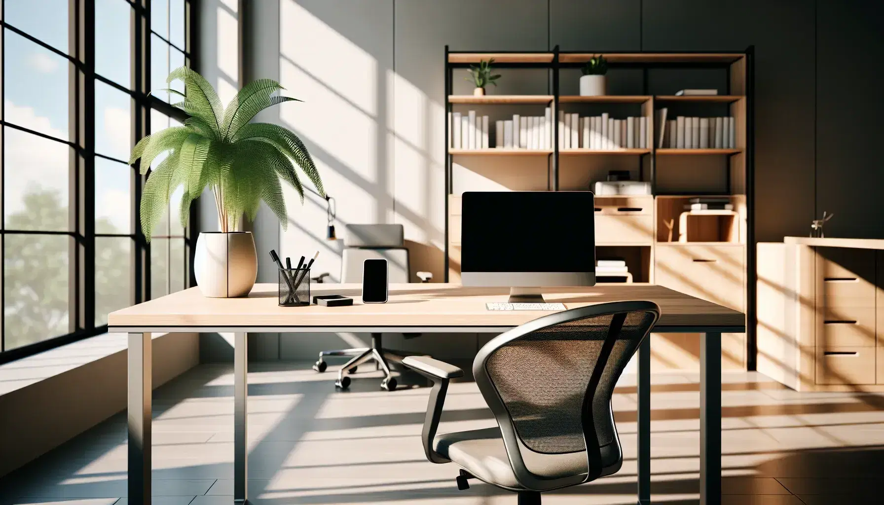 Espacio de oficina moderno y luminoso con escritorio de madera, silla ergonómica, laptop, smartphone y planta, junto a estantería con libros y pizarra blanca.
