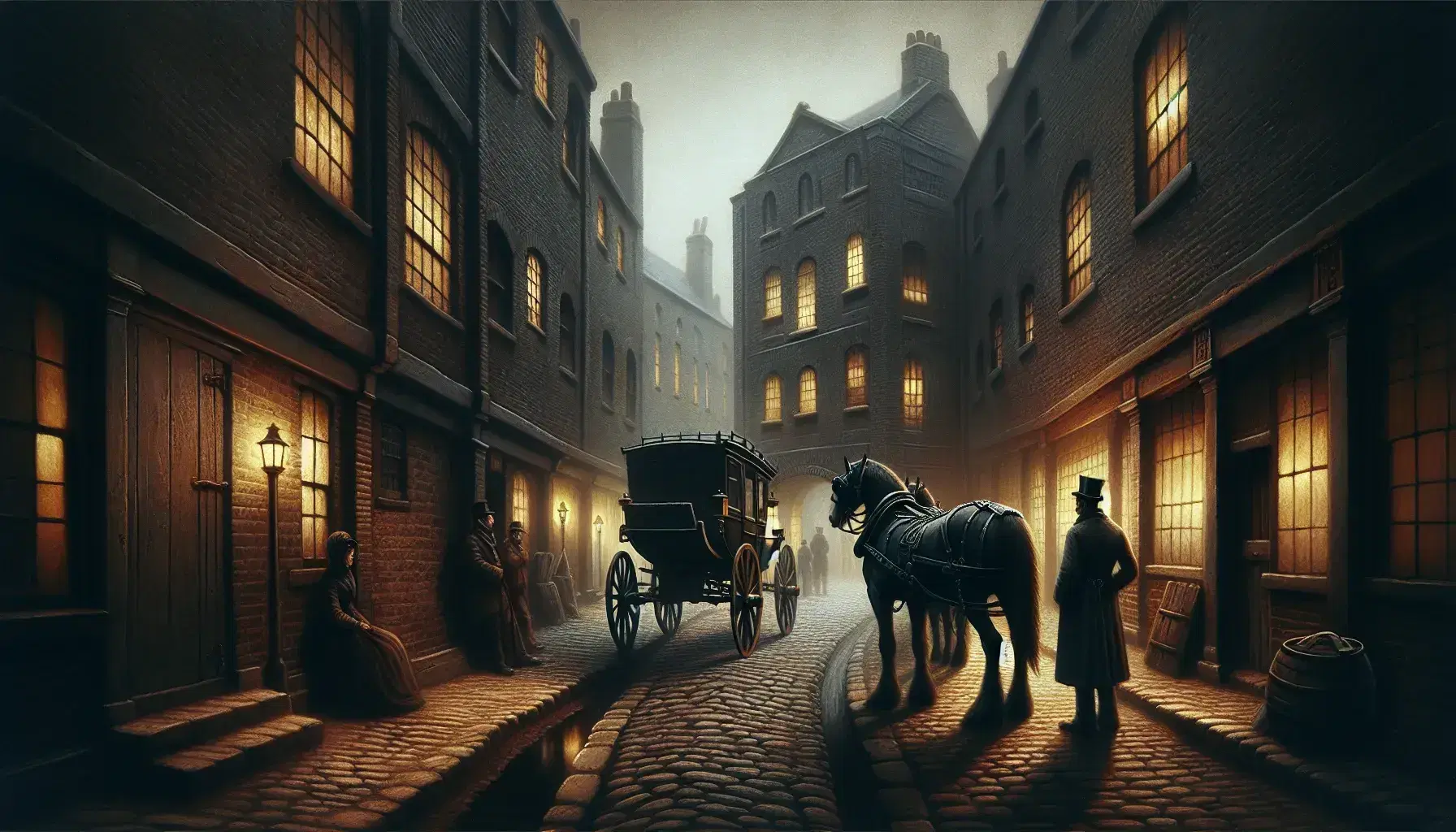 Victorian-era cobblestone alley with brick buildings, a horse-drawn carriage, and two figures in period attire engaged in a quiet exchange at dusk.