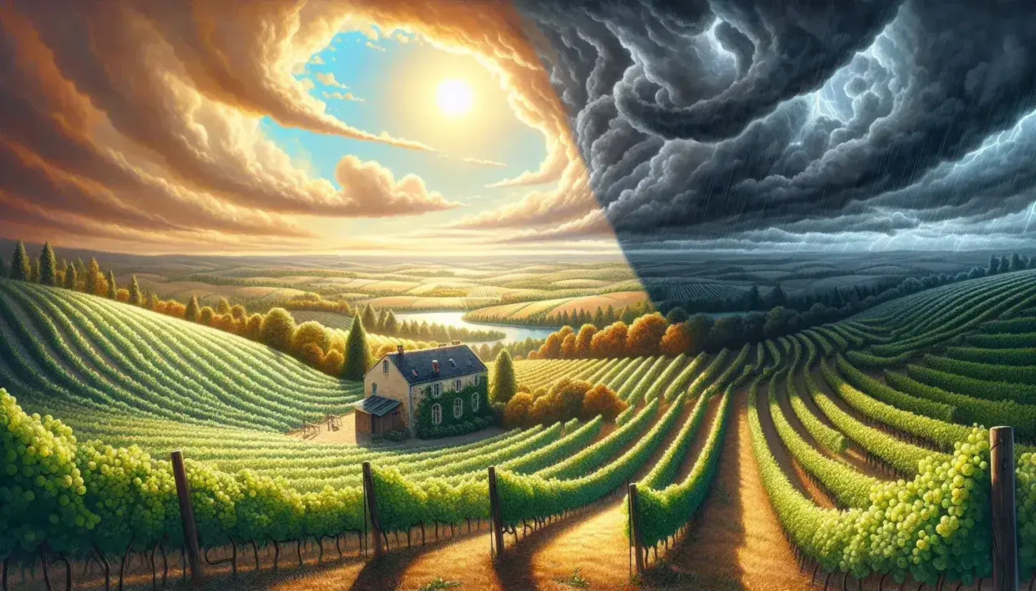 French vineyard landscape with sunlit green grapevines on the left and an approaching storm with dark clouds on the right, featuring a stone farmhouse.