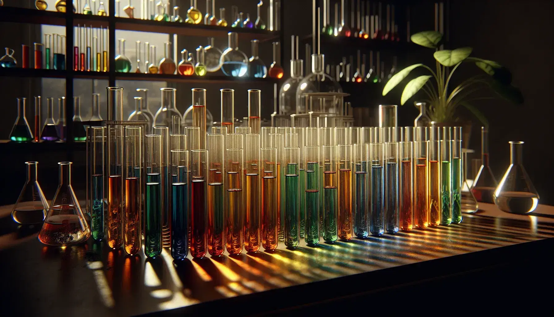 Provette di vetro con soluzioni colorate su scaffale in legno in laboratorio, con giochi di luce e ombre, e una pianta verde in basso a destra.