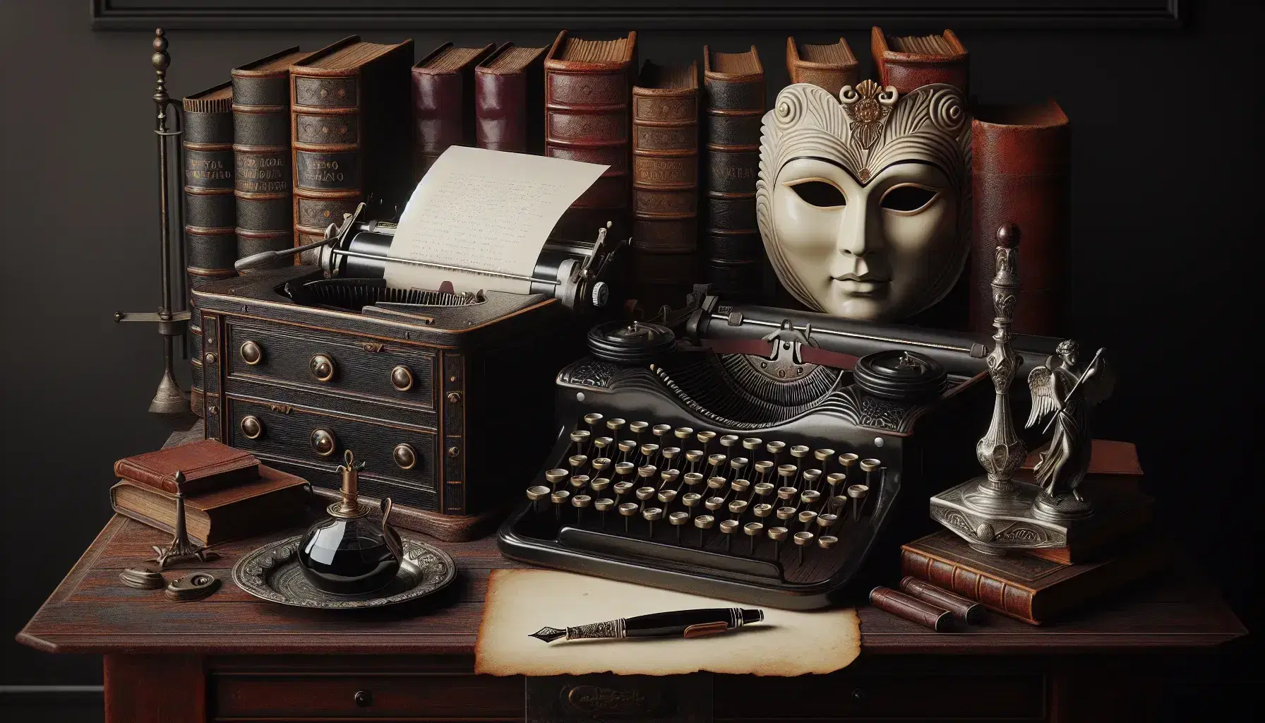 Scrivania antica in legno scuro con macchina da scrivere vintage, inchiostro e penna, libri rilegati, maschera teatrale e statuetta di aquila.