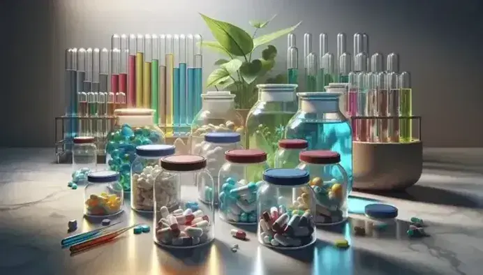 Frascos de vidrio con tapas coloridas conteniendo píldoras y cápsulas multicolores sobre superficie de mármol, junto a tubos de ensayo con líquidos y planta verde.