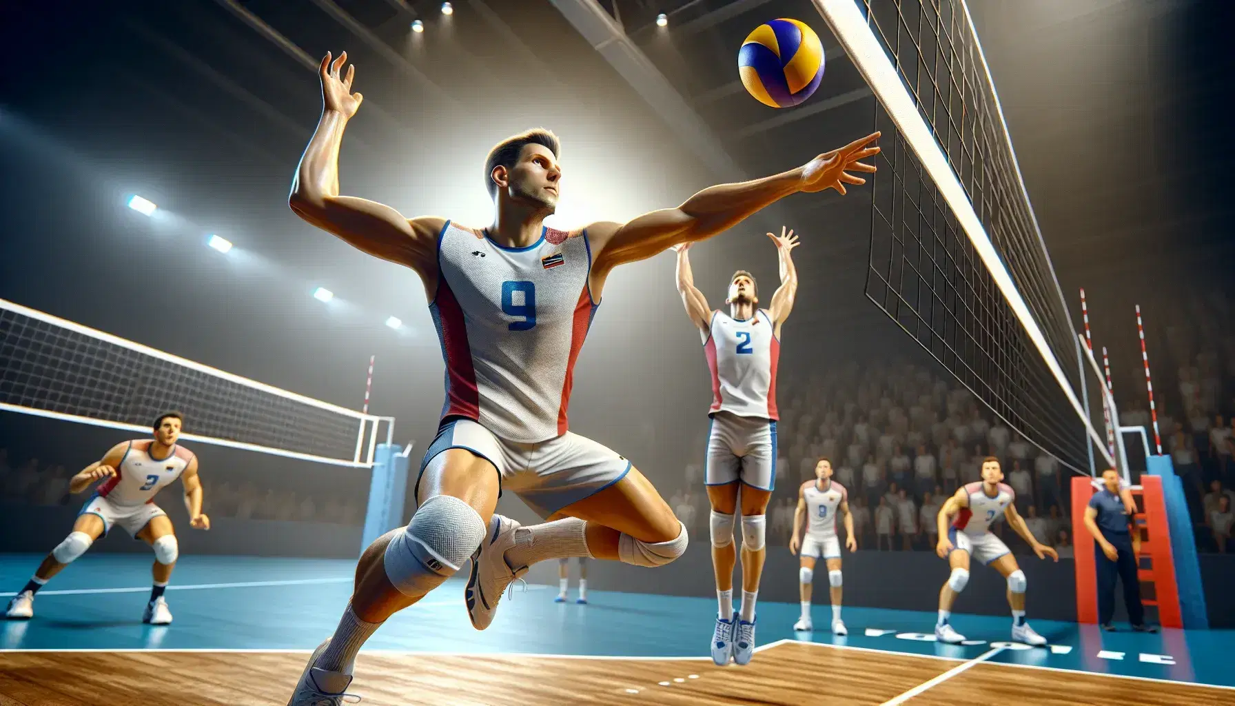 Partita di pallavolo indoor con giocatore in maglia rossa che salta per schiacciare e avversario in blu pronto al blocco, pallone in volo.