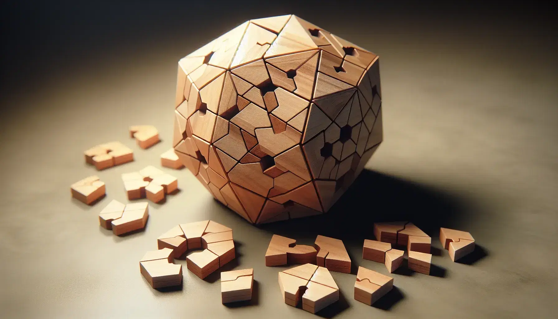 Partially disassembled wooden dodecahedron puzzle on a black surface, with removed pieces arranged nearby, soft shadows, and a blurred green background.