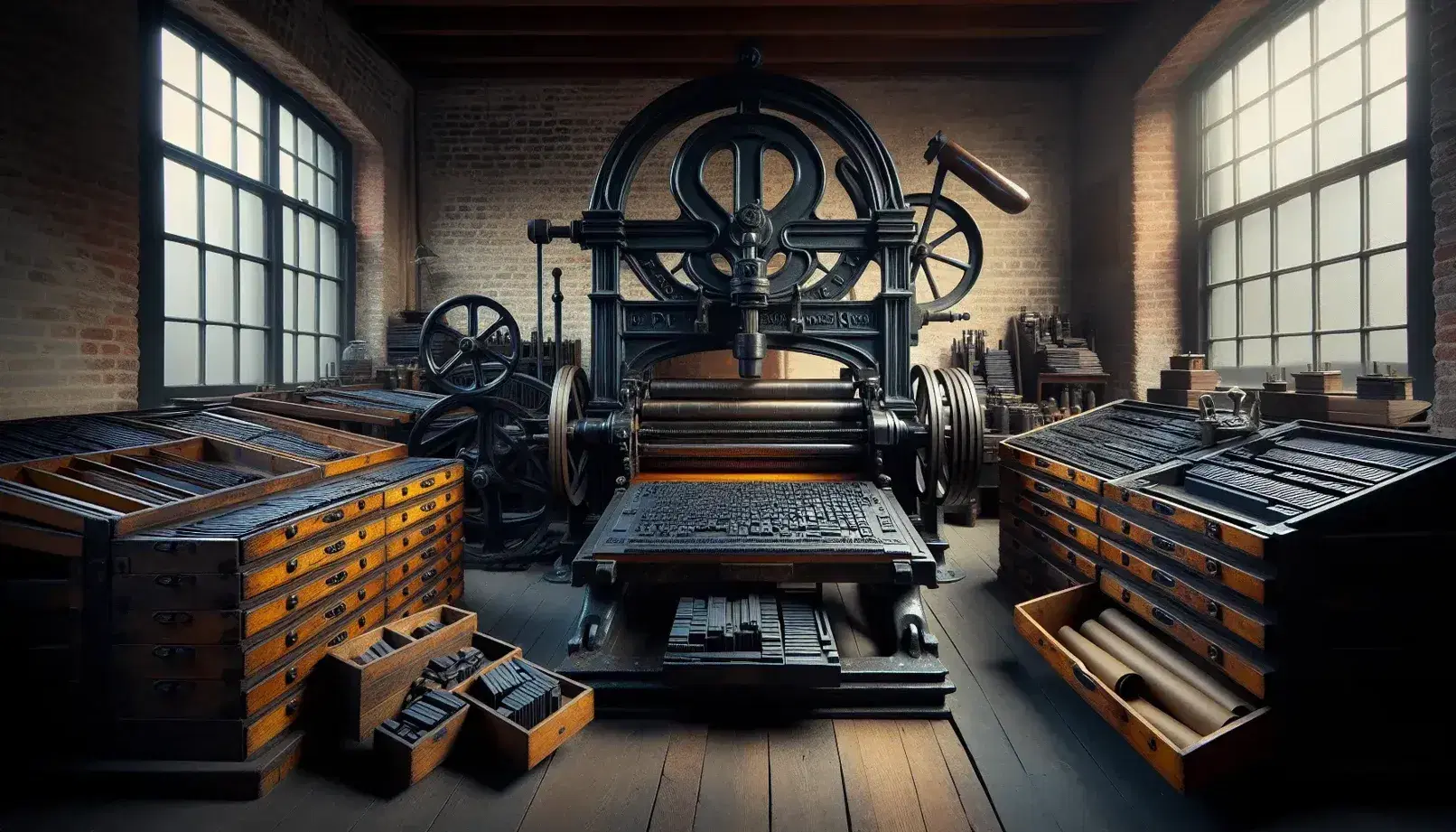 Stampa antica con torchio manuale in ferro, cassetti di caratteri tipografici e strumenti di composizione su banco di lavoro in tipografia storica.