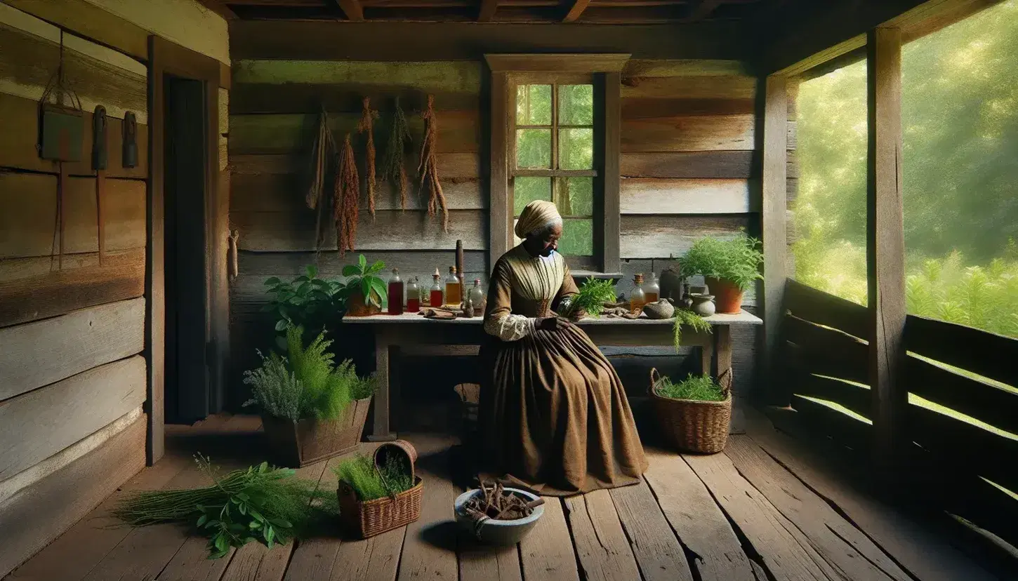 Elderly African American woman sorts herbs on a porch, with a rustic cabin backdrop, weathered table with bottles, in warm, natural light.