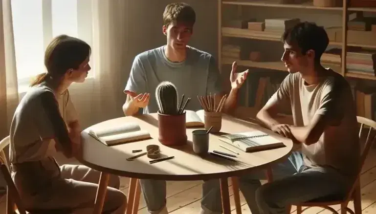 Tre persone sedute attorno a un tavolo rotondo in legno chiaro, con tazza, quaderno, penna, vaso di matite colorate e cactus.