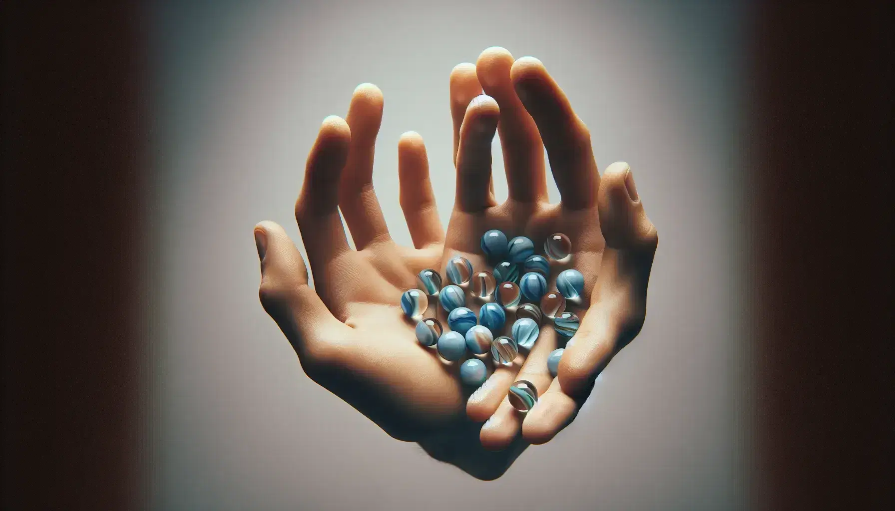 Close-up of two overlapping hands with open palms, one contains light blue and dark blue marbles, the other is empty ready to receive, on a neutral gray background.