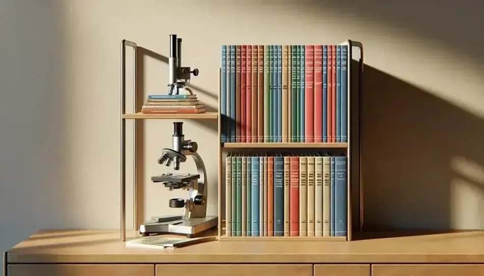 Estante de madera con colección de revistas científicas encuadernadas y microscopio metálico, iluminado por luz natural, en ambiente de estudio.