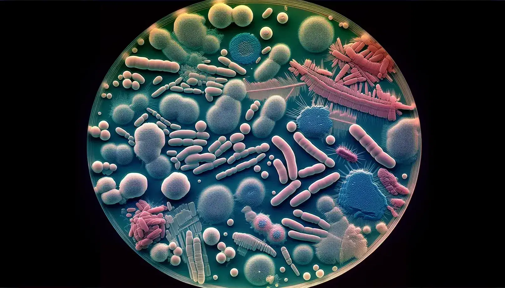 Colonia bacteriana en medio de cultivo agar bajo microscopio, células de distintas formas y colores resaltadas por tinción en fondo oscuro.