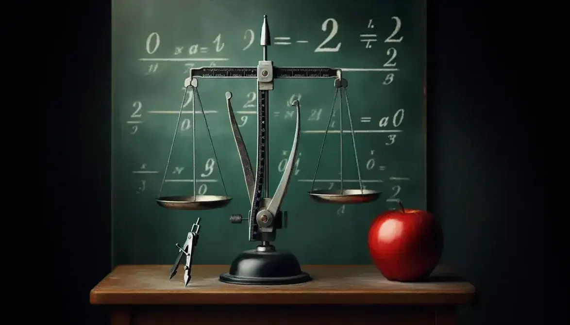 Lavagna verde scuro con bilancia da laboratorio argento, compasso aperto e mela rossa riflettente, senza simboli, in aula scolastica.