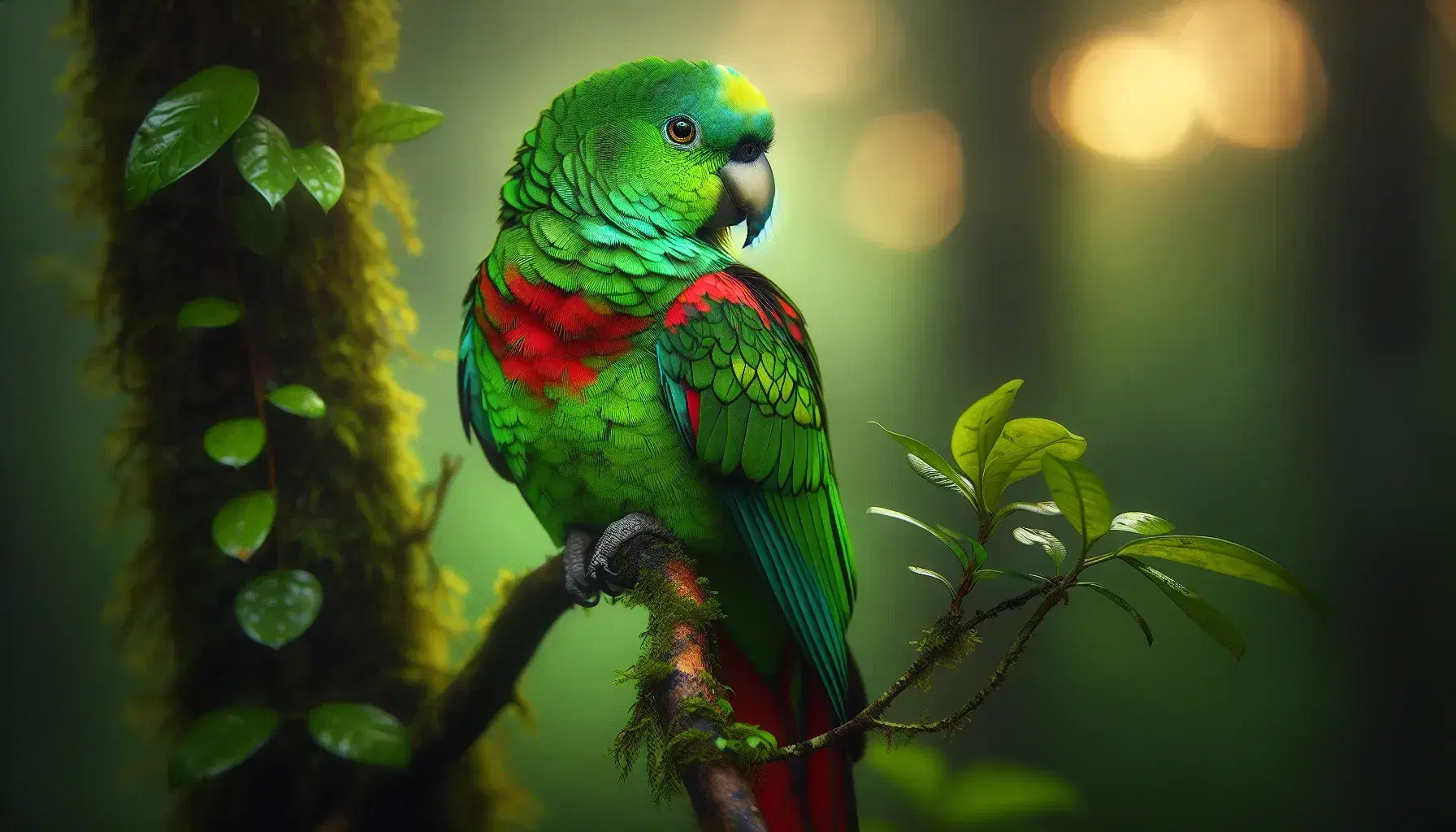 Vibrant green parrot with red neck patch and yellow wing tips perched on a textured branch, reflecting sunlight in a dense forest setting.