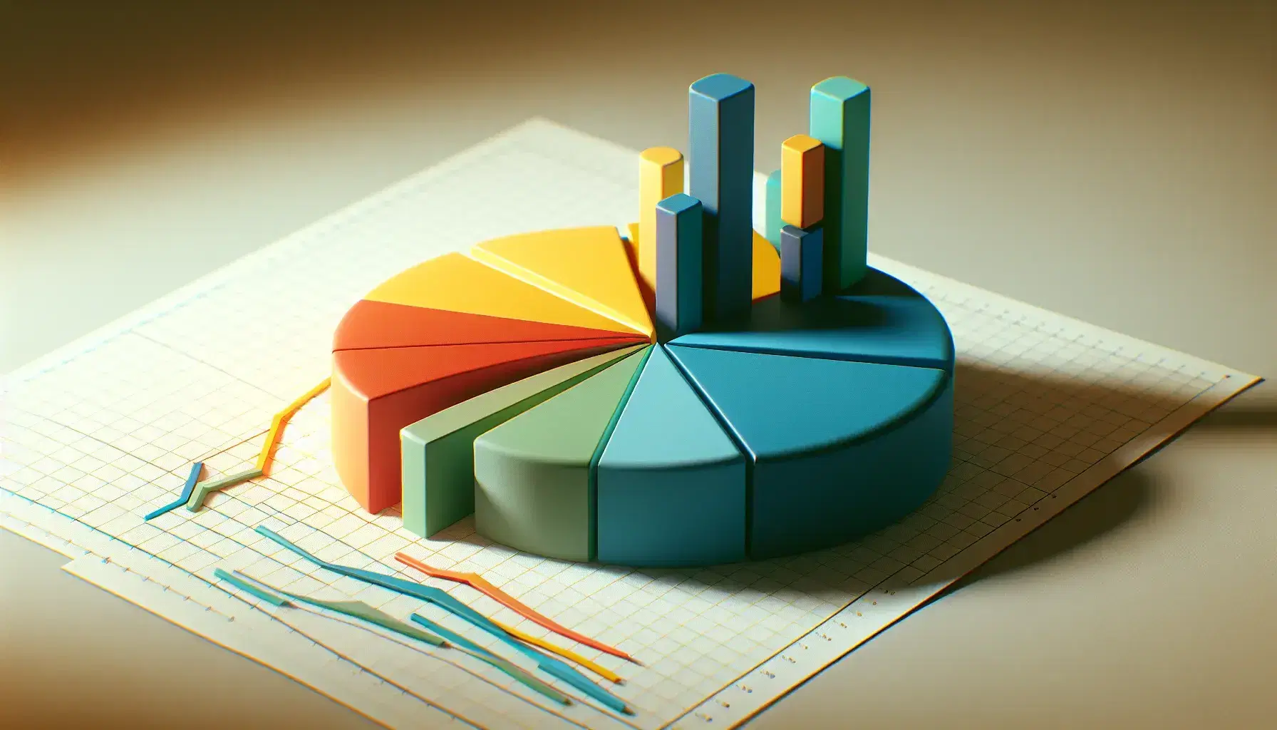 Detailed pie chart with segments in blue, red, green, yellow, and purple, alongside a gradient bar graph and a background line graph with an orange trend line.