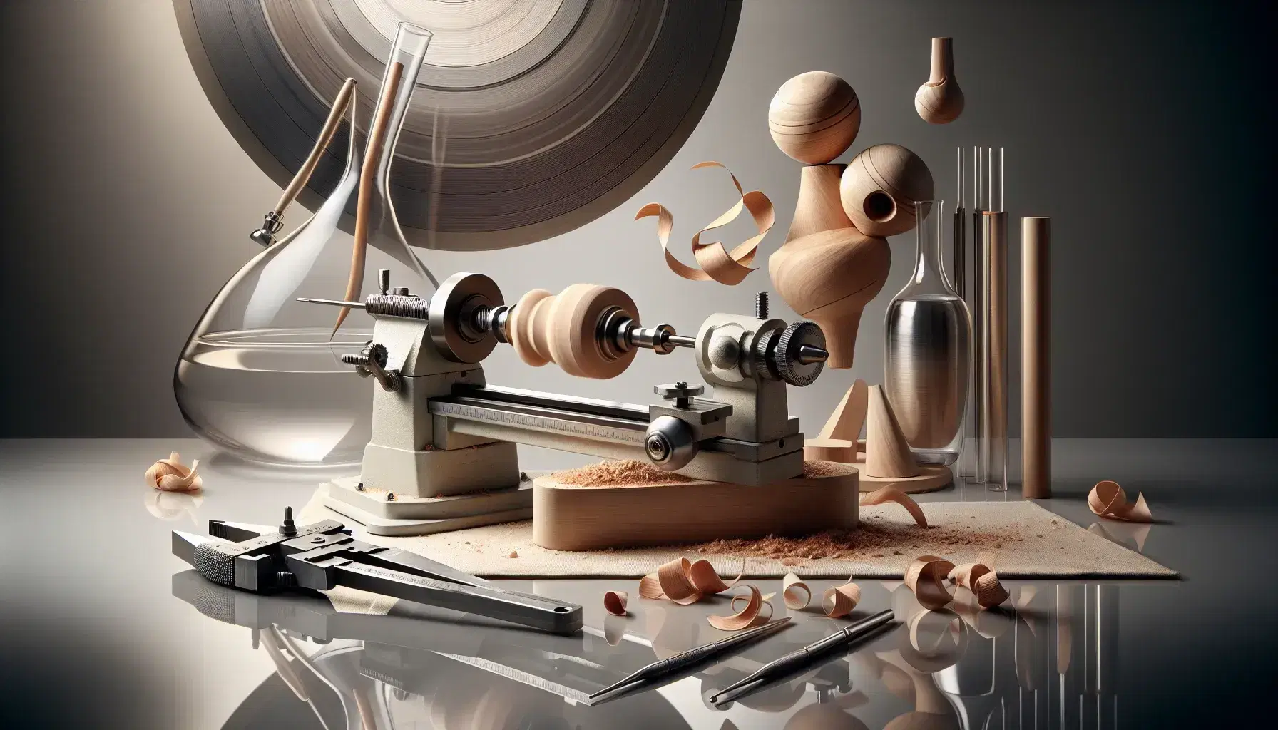 Lathe carving wooden workpiece with shavings in air, calipers on side, glass flask, and hands shaping clay on pottery wheel, reflecting rotational symmetry.