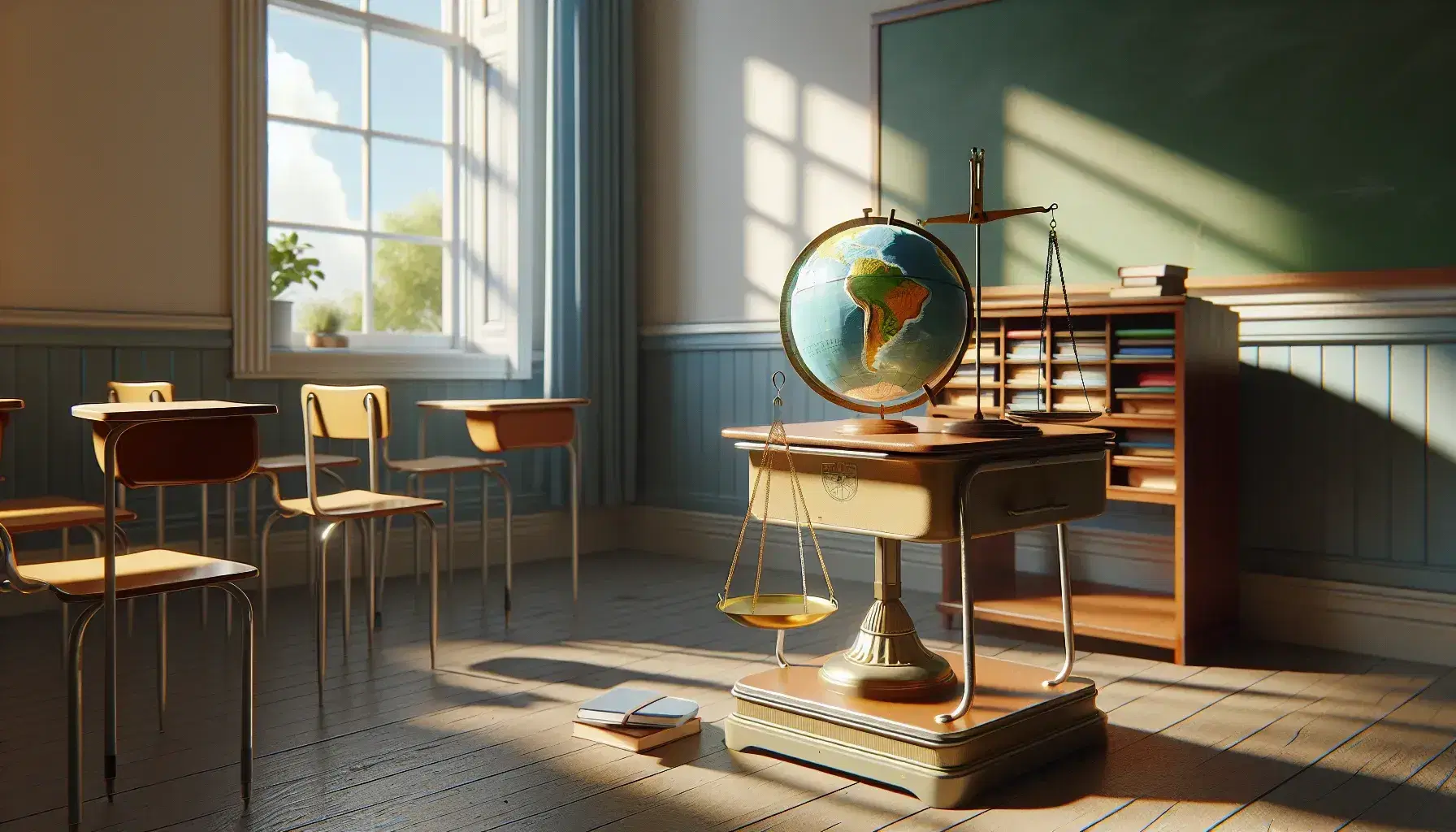 Aula scolastica tranquilla con banco e globo terrestre, bilancia dorata vuota, finestra aperta e lavagna verde vuota.