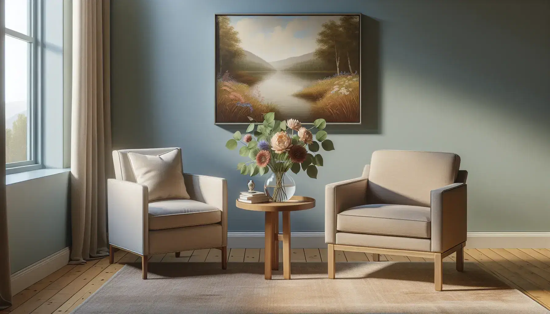 Cozy therapeutic office with beige armchair, sofa, wooden coffee table, vase of colorful flowers and landscape painting on light blue wall.