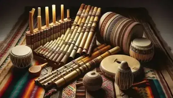 Instrumentos musicales andinos tradicionales sobre tela colorida, incluyendo panflauta, quena, charango y bombos, reflejando la cultura andina.