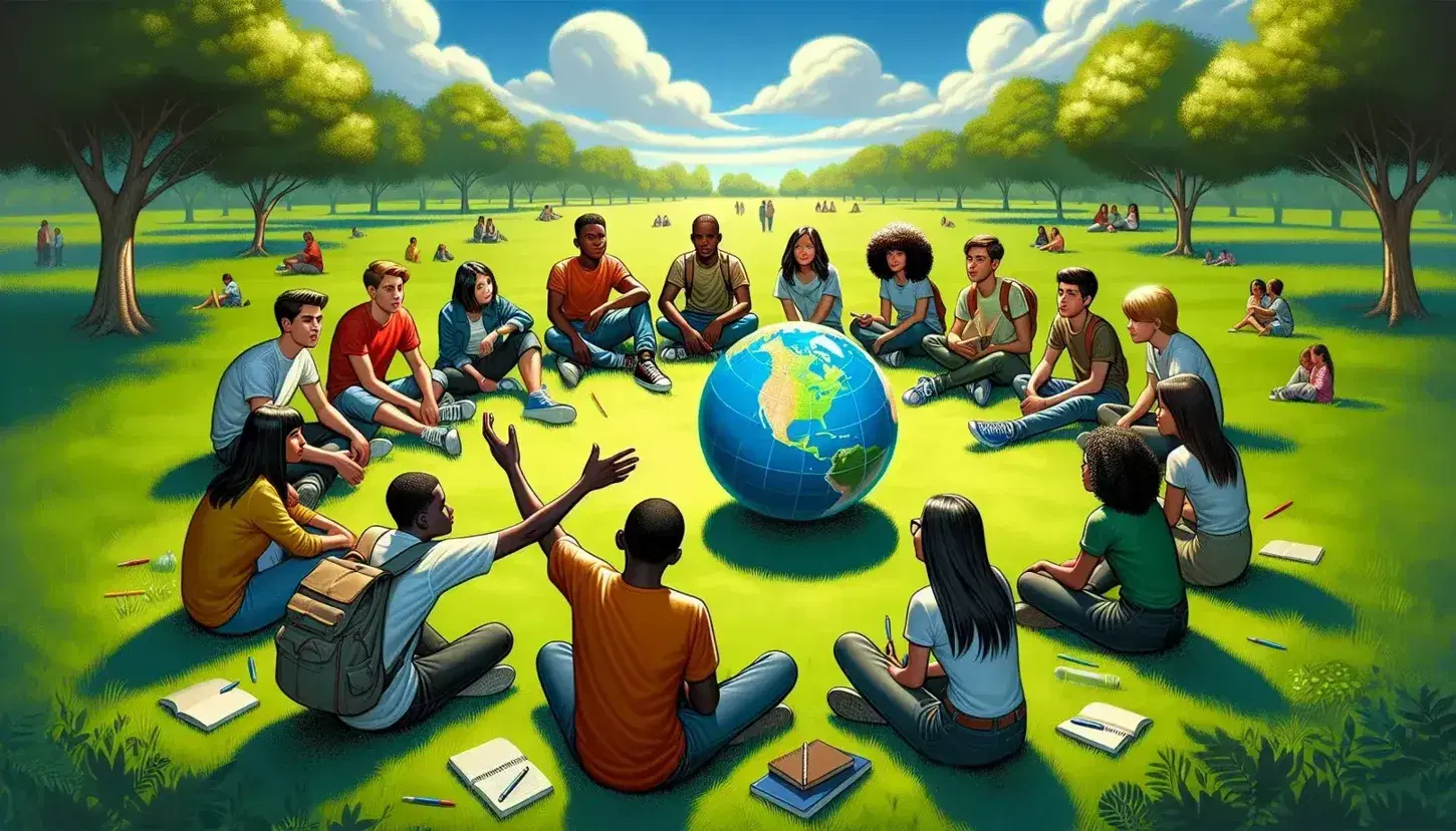 Grupo diverso de jóvenes sentados en círculo en un parque discutiendo sobre un globo terráqueo, con cuadernos y bolígrafos, en un día soleado.