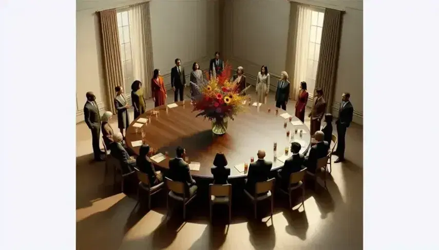 Grupo diverso de personas en reunión formal alrededor de una mesa redonda con arreglo floral, en un espacio iluminado naturalmente y decoración neutra.