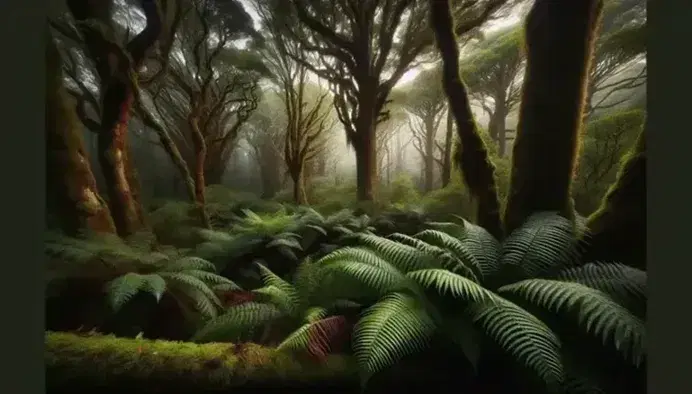 Bosque caducifolio húmedo con helechos verdes, troncos robustos y dosel frondoso que filtra la luz, en un clima oceánico con niebla suave.