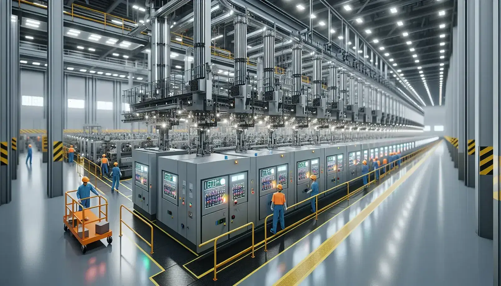 Vista interior de fábrica moderna con maquinaria metálica, operarios con cascos y chalecos reflectantes, iluminación LED y suelo demarcado.