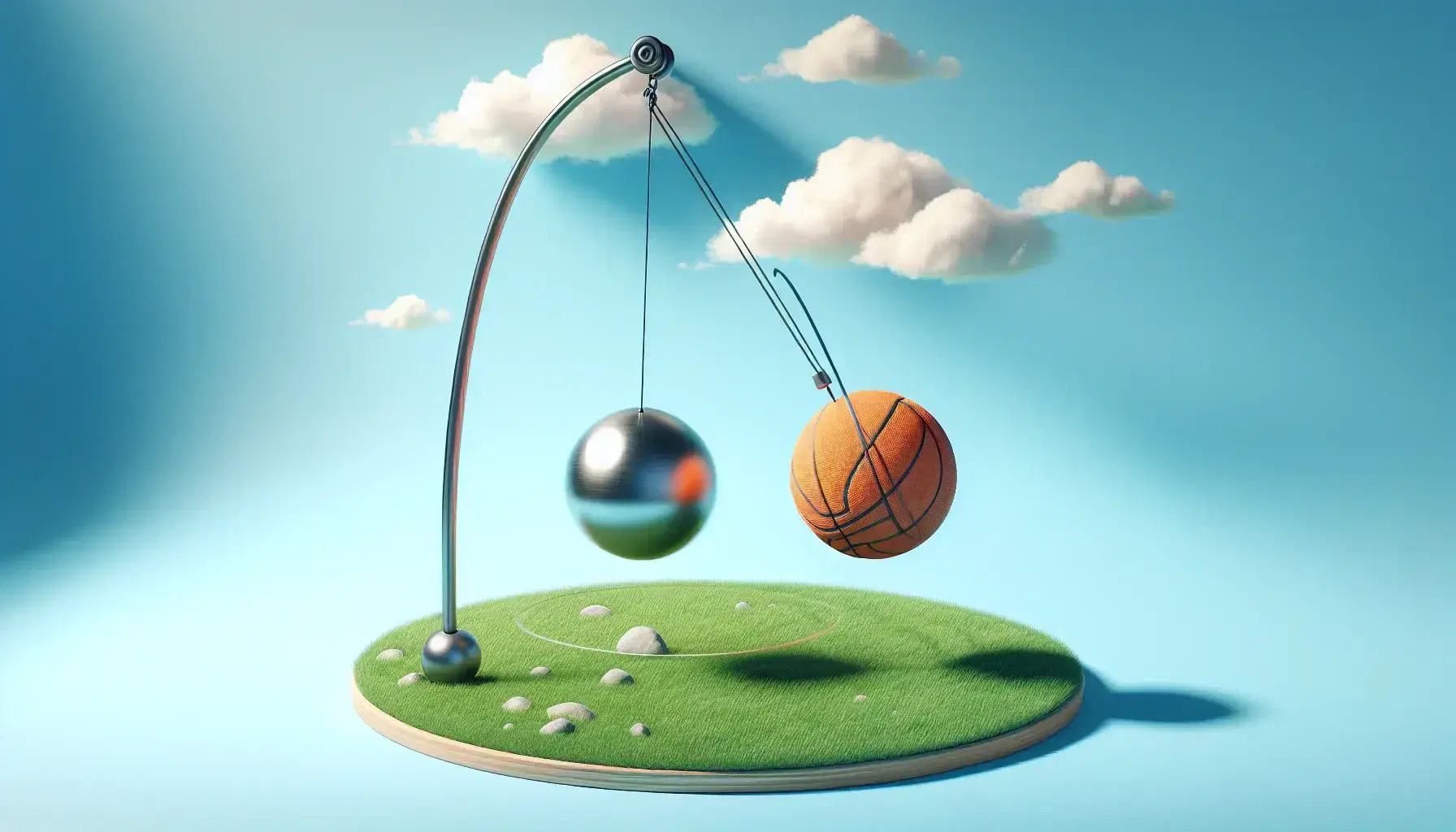 Cielo azul claro con nubes dispersas, péndulo simple en movimiento con esfera metálica y balón de baloncesto en trayectoria parabólica sobre césped verde.