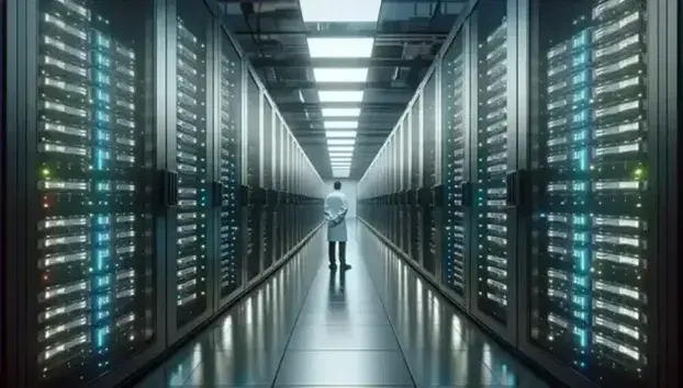 Modern data center with rows of servers and LED lights, person in white coat observes the drives, advanced technological environment and soft lighting.