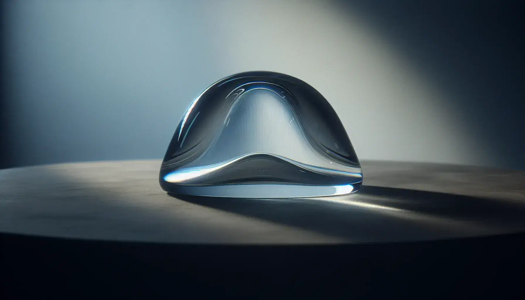 Transparent glass sculpture with blue shades in the shape of a Gauss curve on a dark matte surface, with light shadow and blue-gray gradient background.