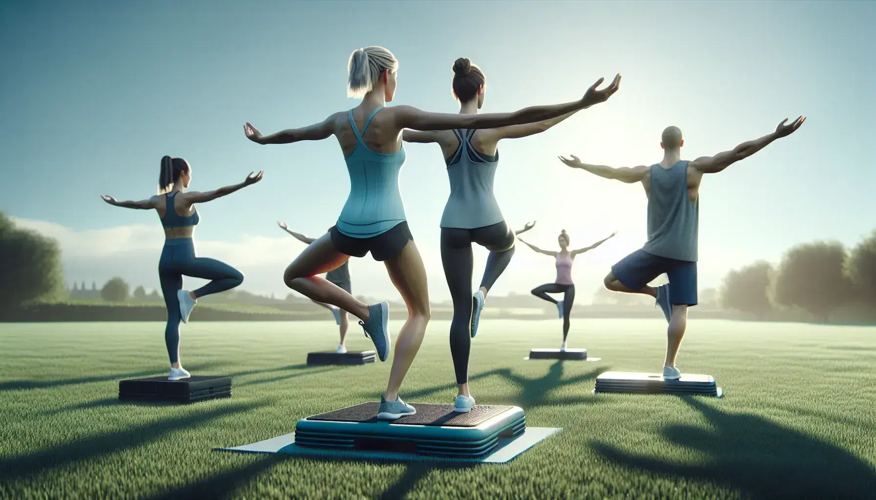 Grupo de tres adultos realizando ejercicios de equilibrio en un parque, con cielo azul claro y sombras suaves en el césped.