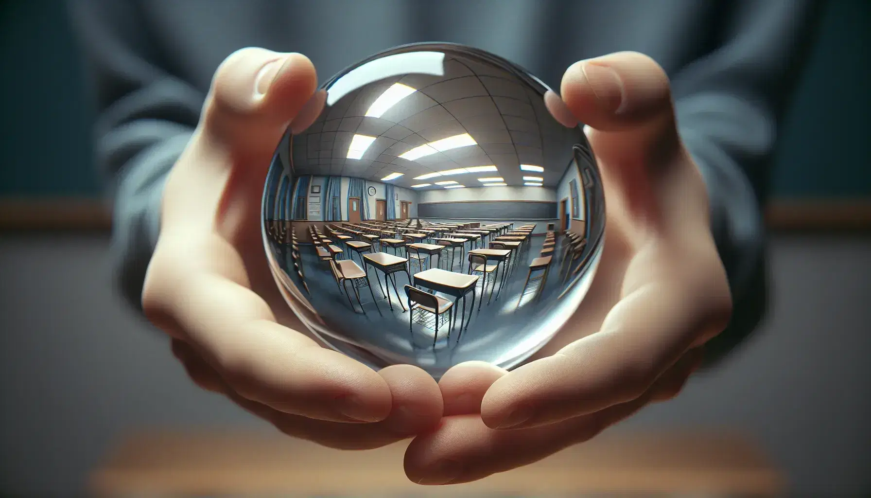 Close-up of hands cradling a glass sphere with a distorted classroom background, highlighting the sphere's reflective surface and light refractions.