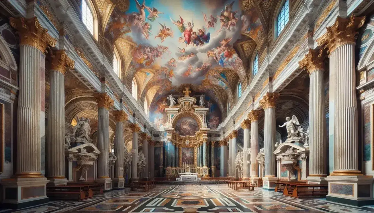 Interno della Chiesa del Gesù a Roma, con navata centrale, colonne corinzie, affreschi vivaci e altare in marmo policromo.