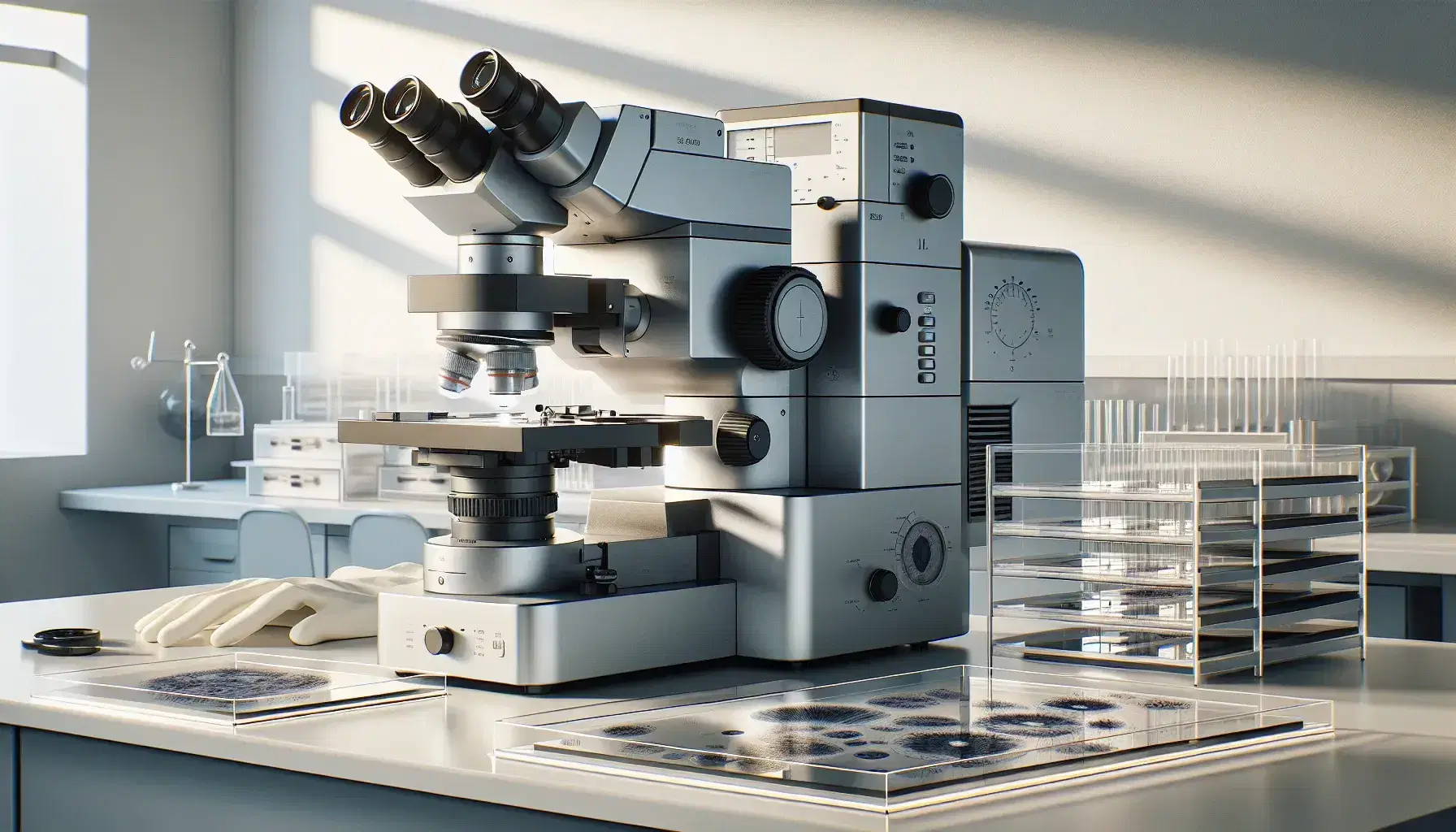 Microscopio electrónico de transmisión gris metálico en laboratorio con portaobjetos de vidrio y guantes de látex, ambiente de investigación histológica.