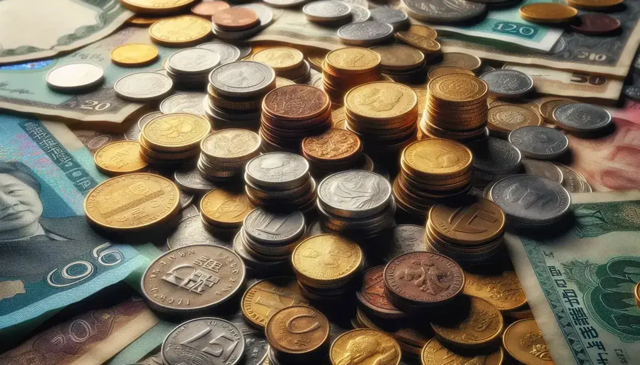 Monedas de distintos países apiladas en primer plano con billetes de varios colores y denominaciones desenfocados al fondo, simbolizando diversidad monetaria.