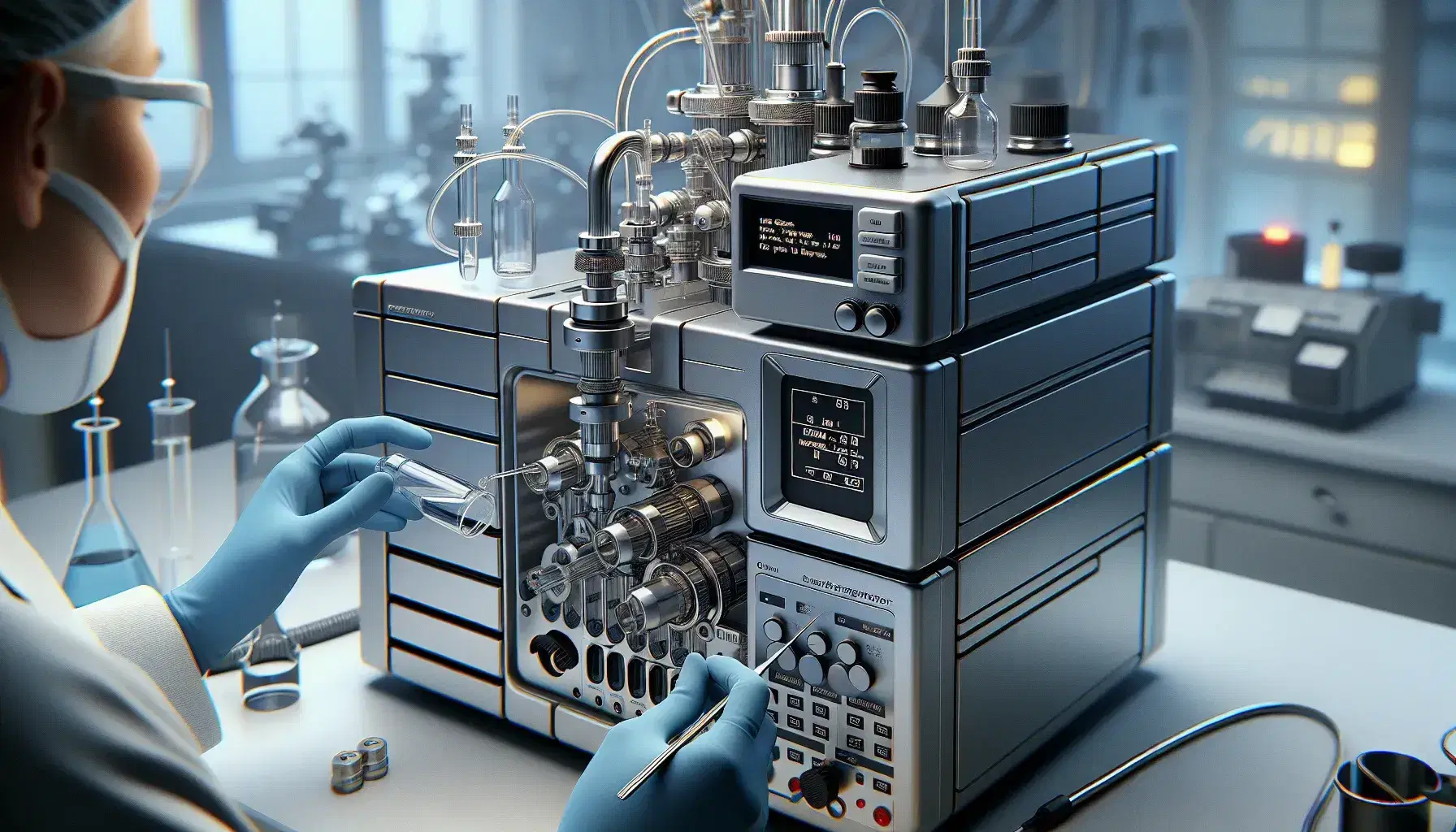 Advanced mass spectrometer in laboratory with scientist in white coat handling test tube with tweezers, laboratory equipment background.