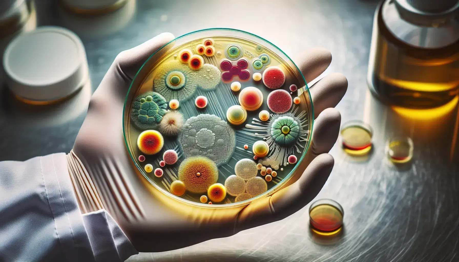 Close-up view of colorful bacterial colonies in a petri dish held by gloved hands, with a blurred lab background.