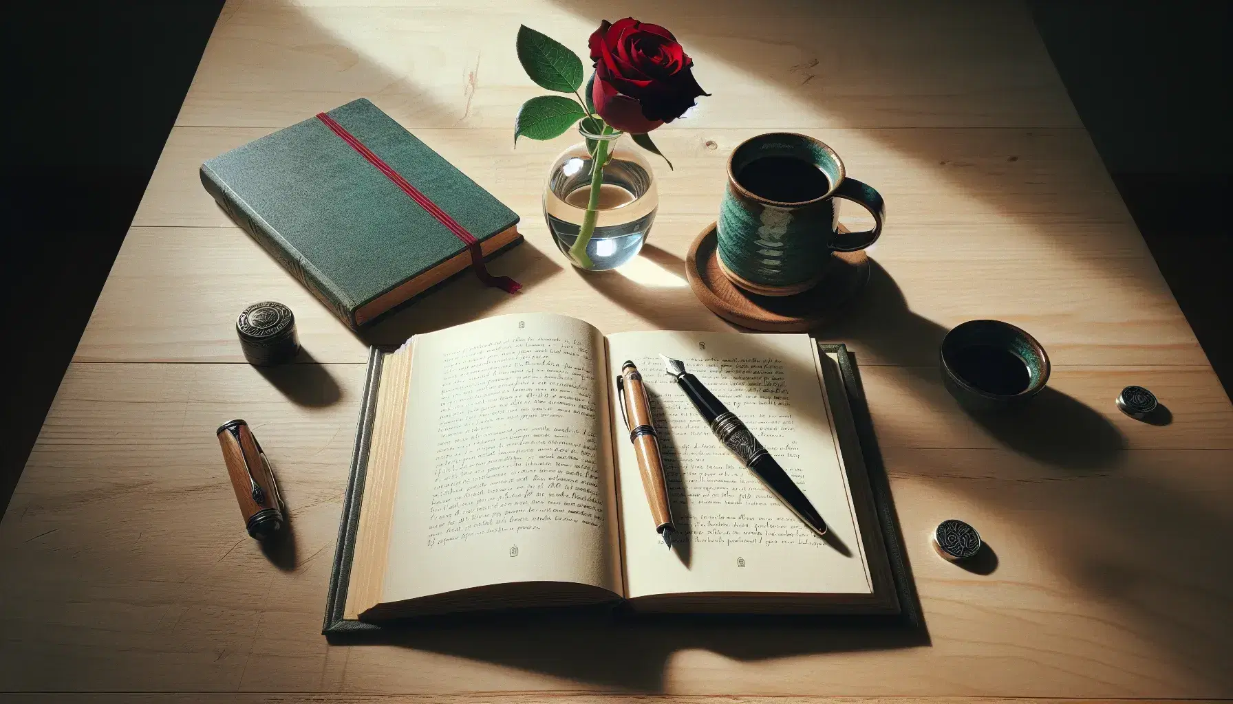 Mesa de madera clara con libro abierto, pluma estilográfica sobre cuaderno verde, taza de café azul turquesa y rosa roja en jarrón de vidrio bajo luz natural.