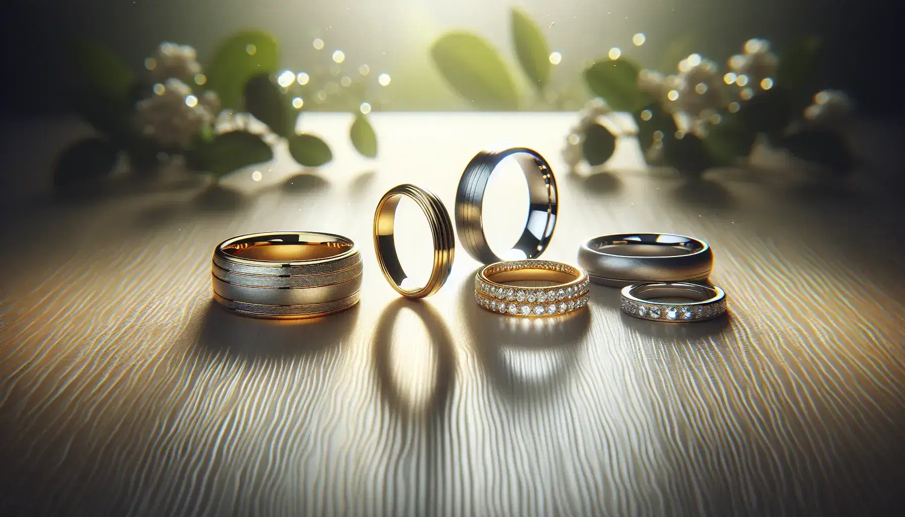 Anillos de boda en oro amarillo, oro blanco con piedras y platino mate sobre superficie de madera clara con fondo verde desenfocado.