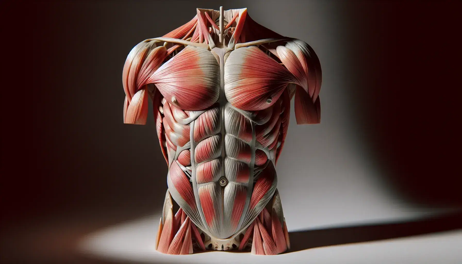 Modello anatomico dettagliato dei muscoli addominali umani senza pelle, con evidenza del retto dell'addome e obliqui su sfondo neutro.