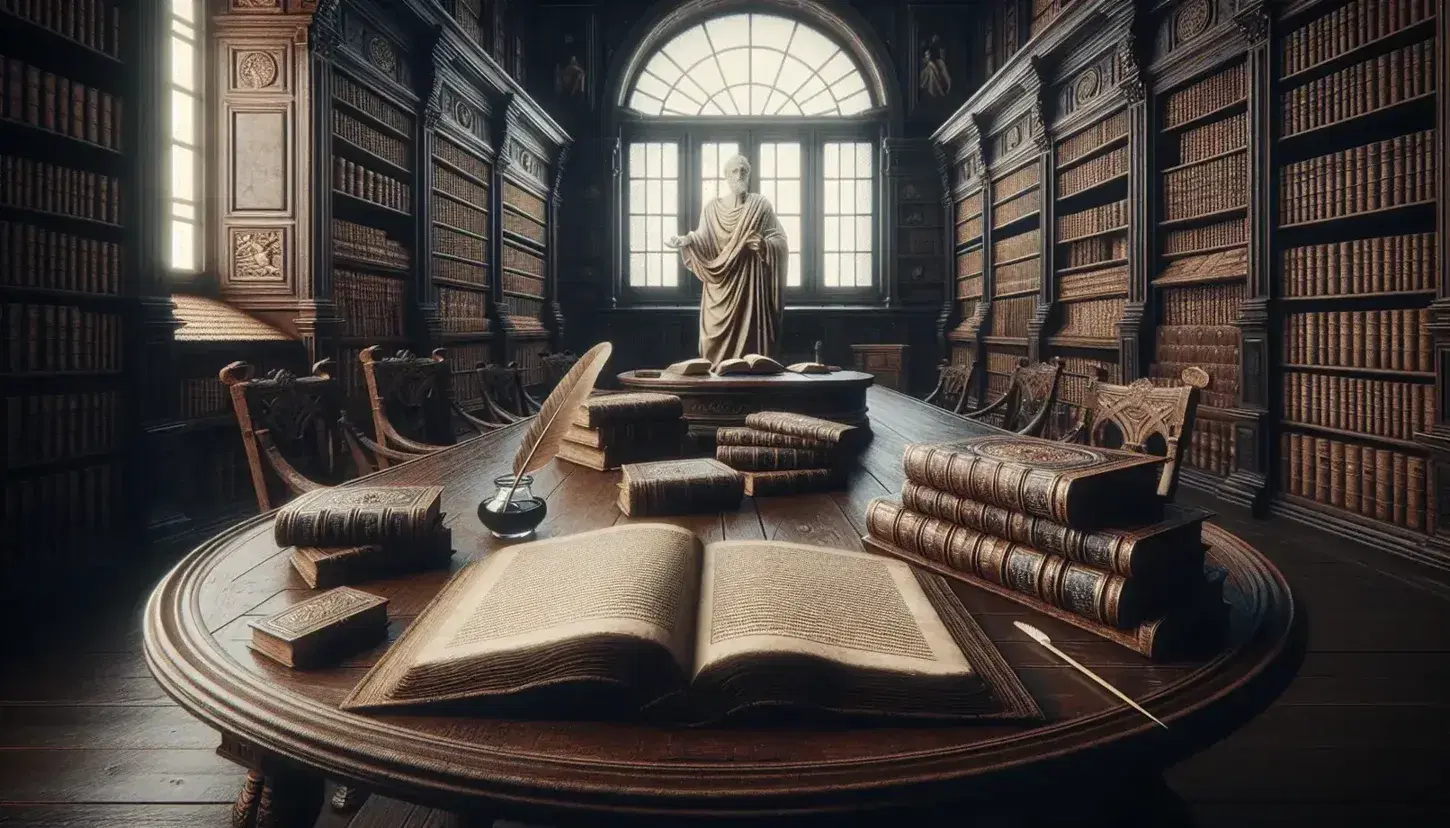 Antica sala di lettura con pareti in legno scuro, libri rilegati, tavolo ovale con volumi e finestra ad arco, accanto a statua marmorea di filosofo.