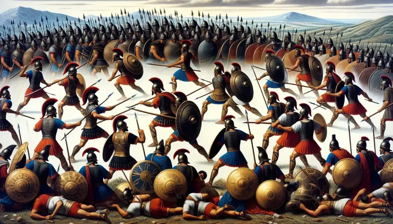 Rappresentazione artistica della Battaglia di Maratona con guerrieri greci in falange e arcieri persiani su campo di battaglia.