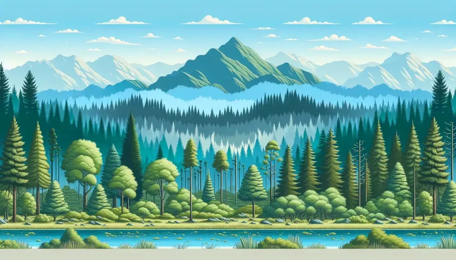 Paisaje natural con cielo azul y nubes sobre montañas neblinosas y bosque frondoso con lago reflejando la vegetación y el cielo.