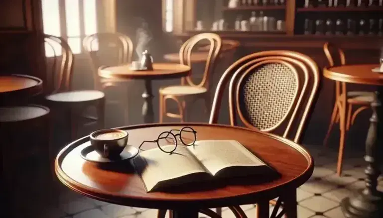 Traditional French café scene with a polished wooden table featuring an open book, round-framed glasses, and a steaming cup of coffee on a saucer.