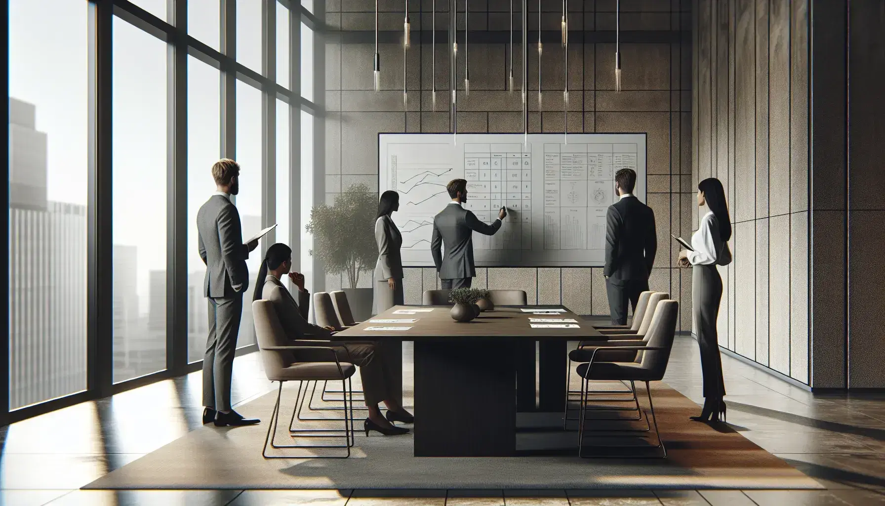 Cuatro profesionales en reunión de trabajo, dos de pie explicando gráficos en pizarra y dos sentados en mesa de conferencia observando, en sala iluminada con ventana.