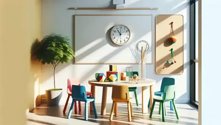 Aula escolar colorida con mesa redonda y sillas de colores, bloques geométricos de madera, regla y compás sobre la mesa, pizarra blanca y reloj en la pared, ventana con vistas a un árbol y planta en primer plano.