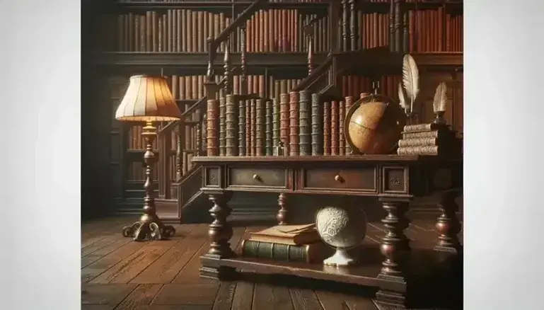 Biblioteca antigua con estantes de madera oscura llenos de libros, mesa central con globo terráqueo antiguo, pluma de ave y tintero de porcelana, iluminada por lámpara de pie.