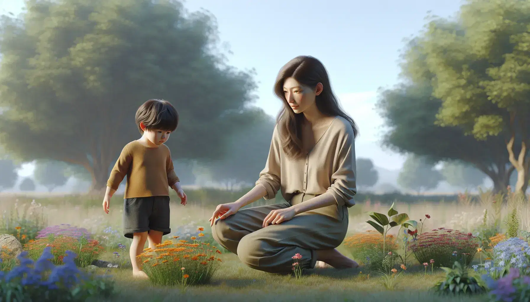 Caucasian woman sitting on grass observes standing Asian child exploring colorful flowers in peaceful outdoor natural setting.