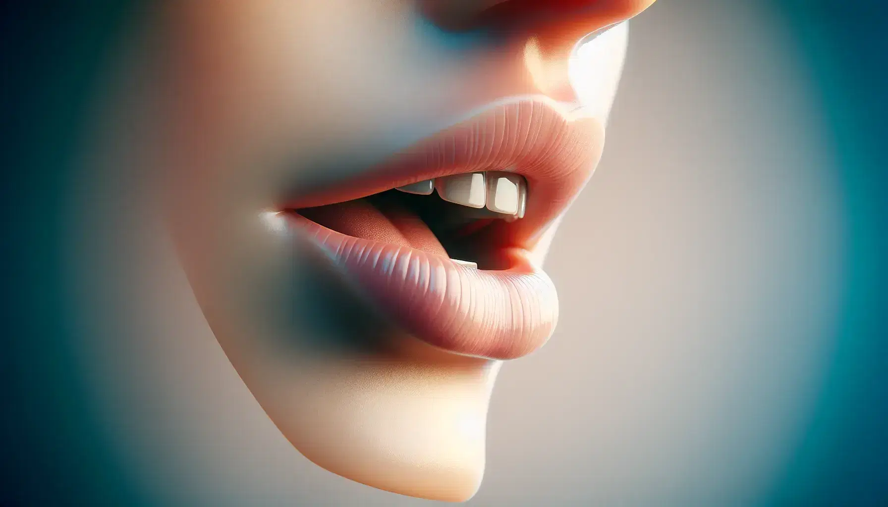 Close-up profile view of a human mouth with slightly parted lips and visible teeth against a soft-focus gradient background, poised for speech.