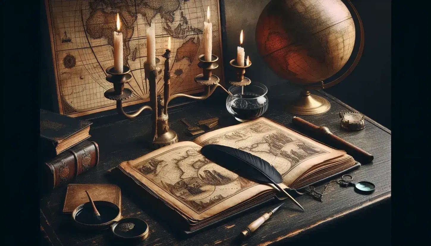 Scrivania antica in legno scuro con libro aperto, penna d'oca e calamaio, mappa antica sotto lente d'ingrandimento e candelabro in bronzo acceso.