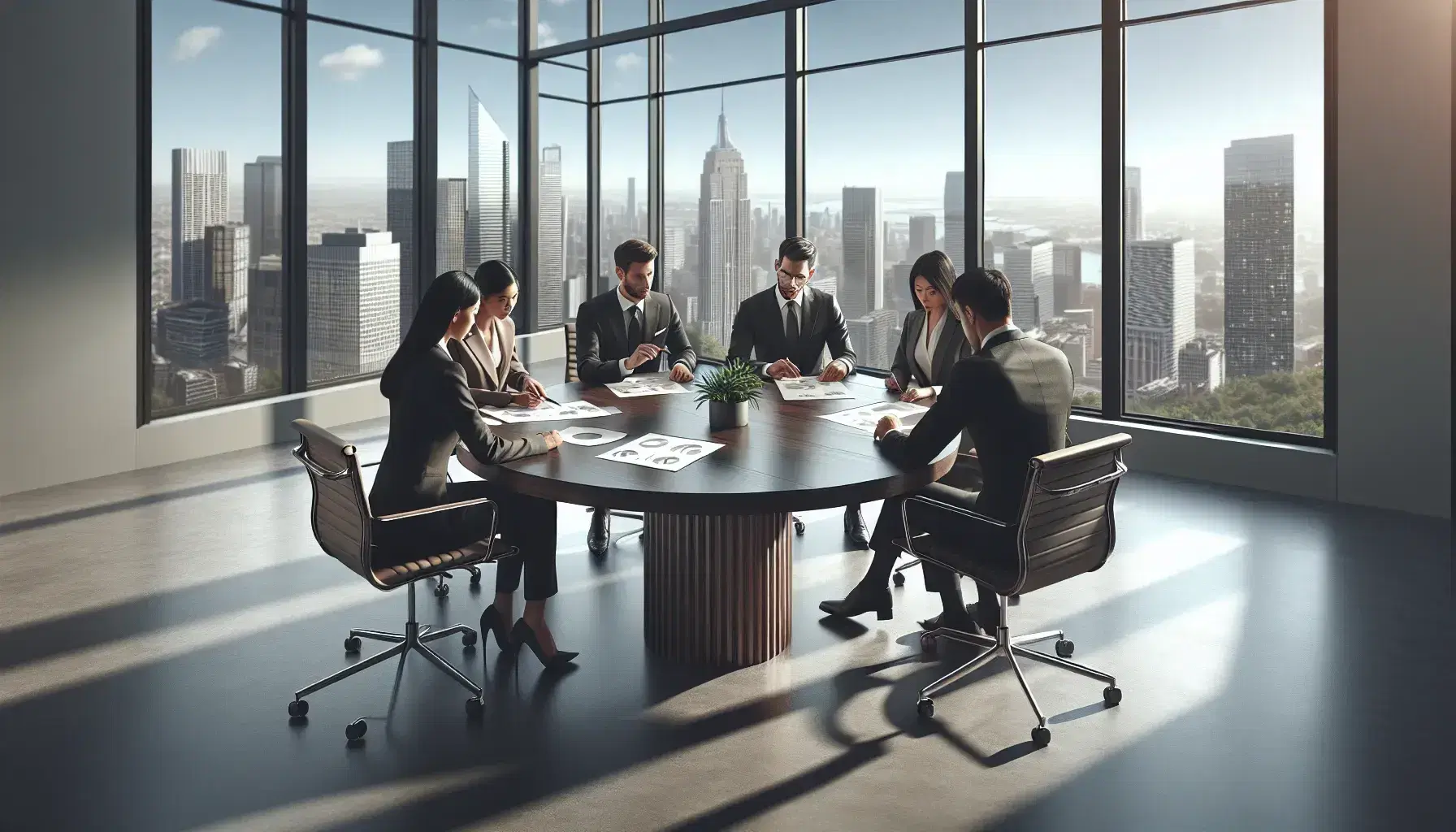 Four diverse business professionals engaged in a strategic meeting around a dark wood table in a well-lit office with a city view.
